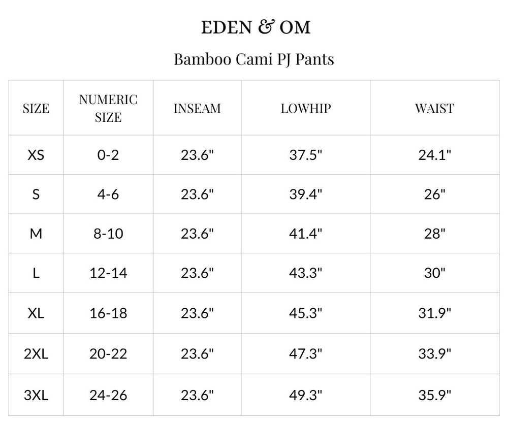 Size chart for Bamboo Cami PJ Pants