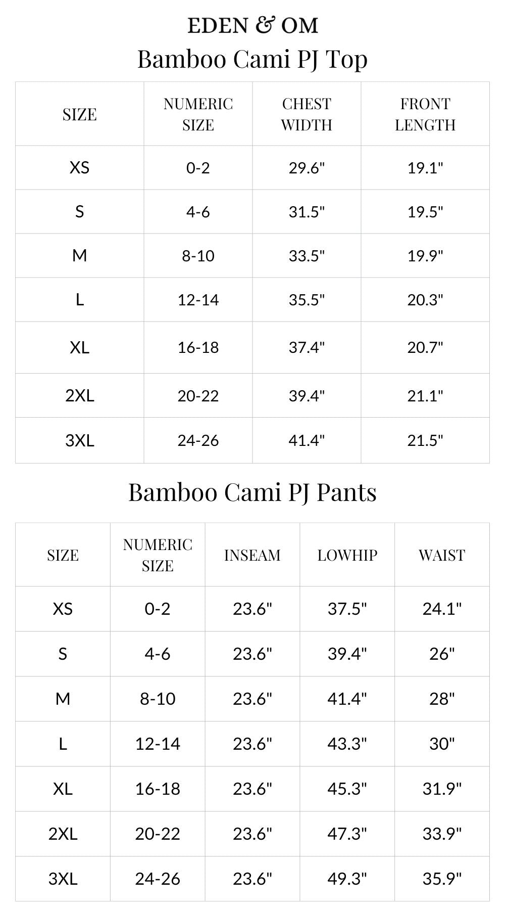 Size chart for Bamboo Cami PJ Set