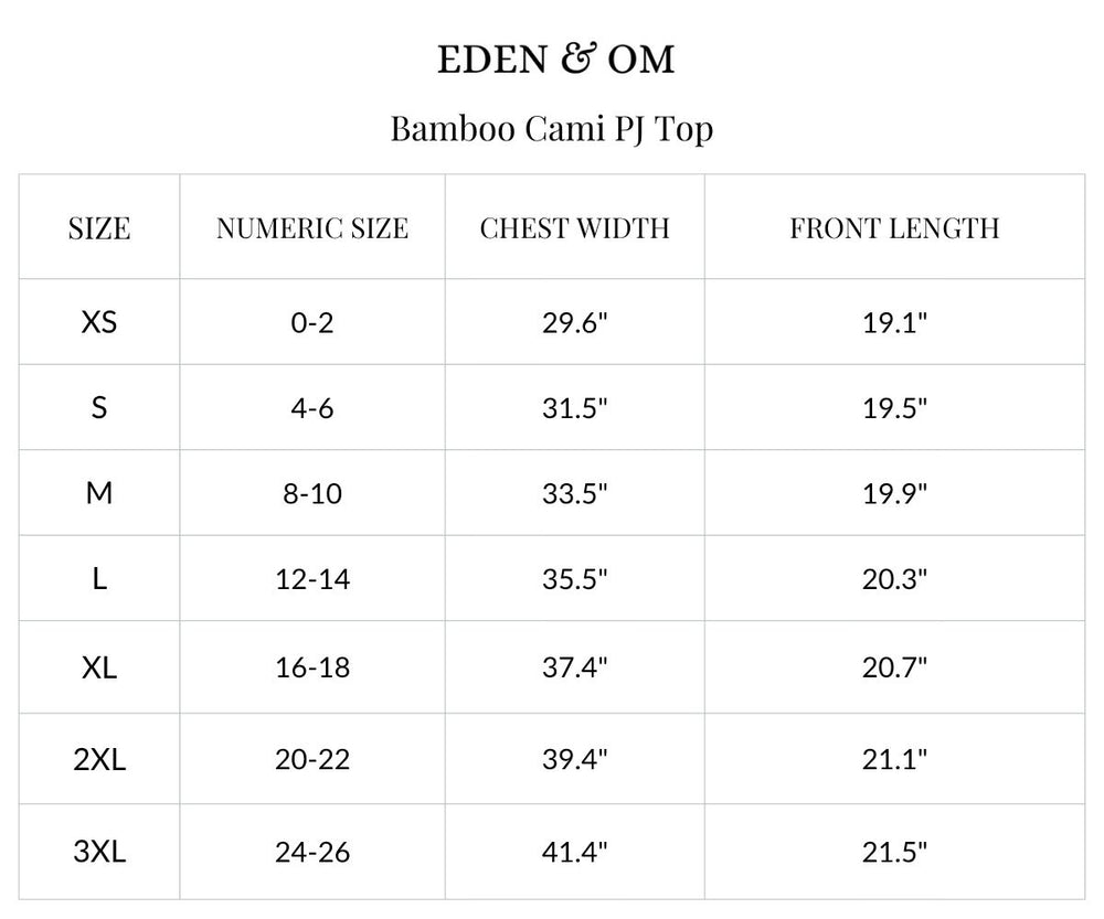 Size chart for Bamboo Cami Top