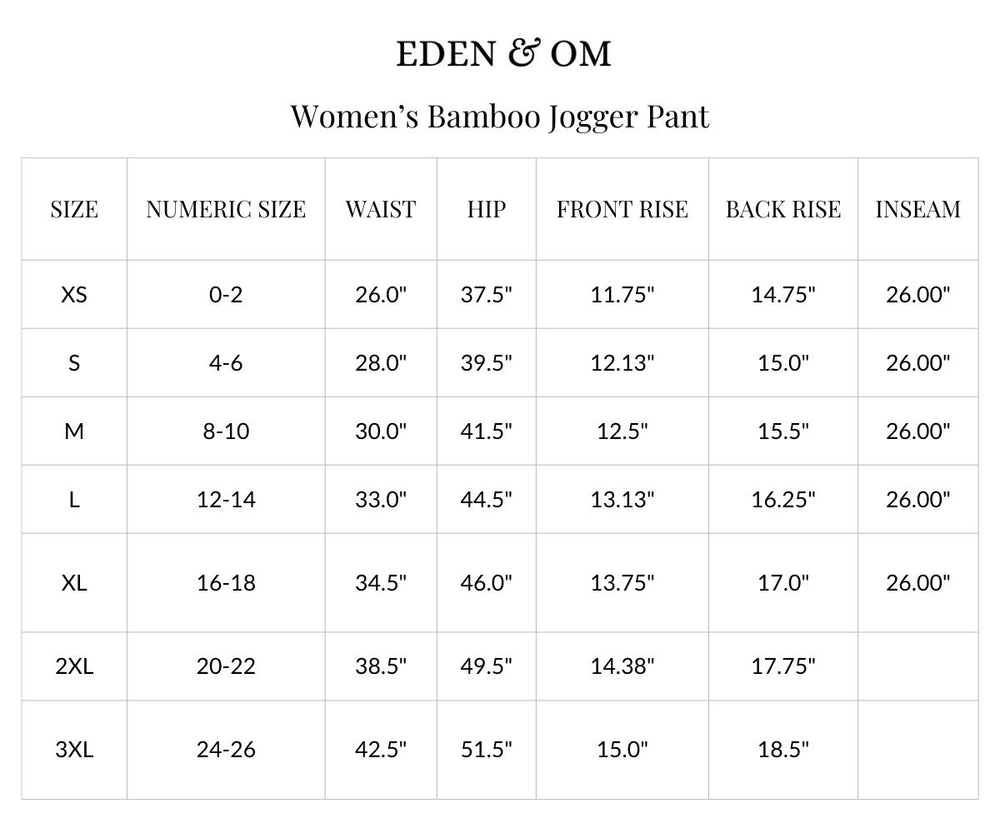 Size chart for Bamboo Jogger Pants