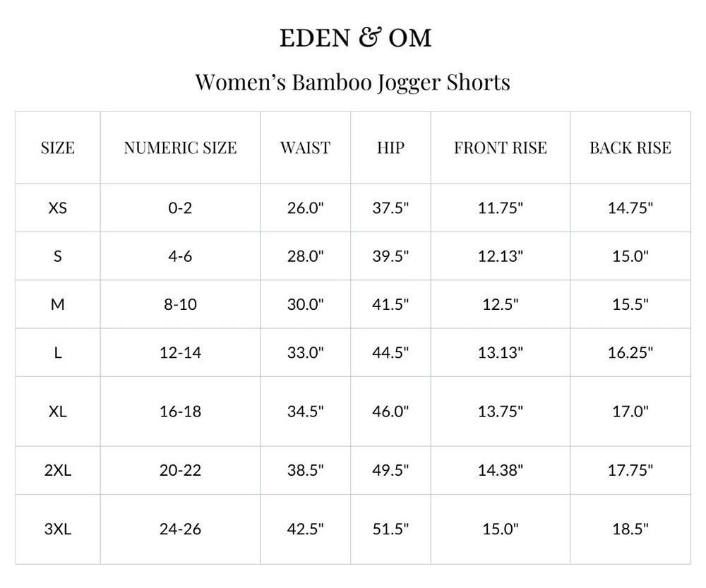 Size chart for Bamboo Jogger Shorts