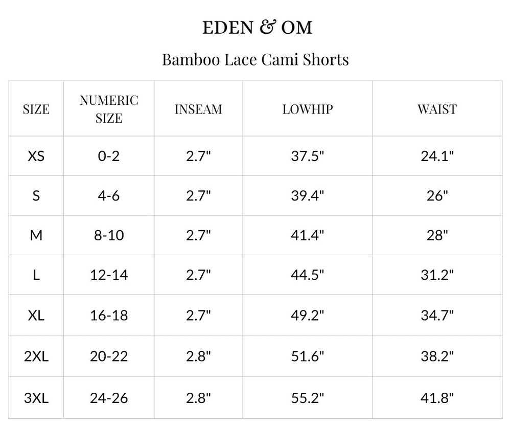 Size chart for Bamboo Lace Cami Shorts