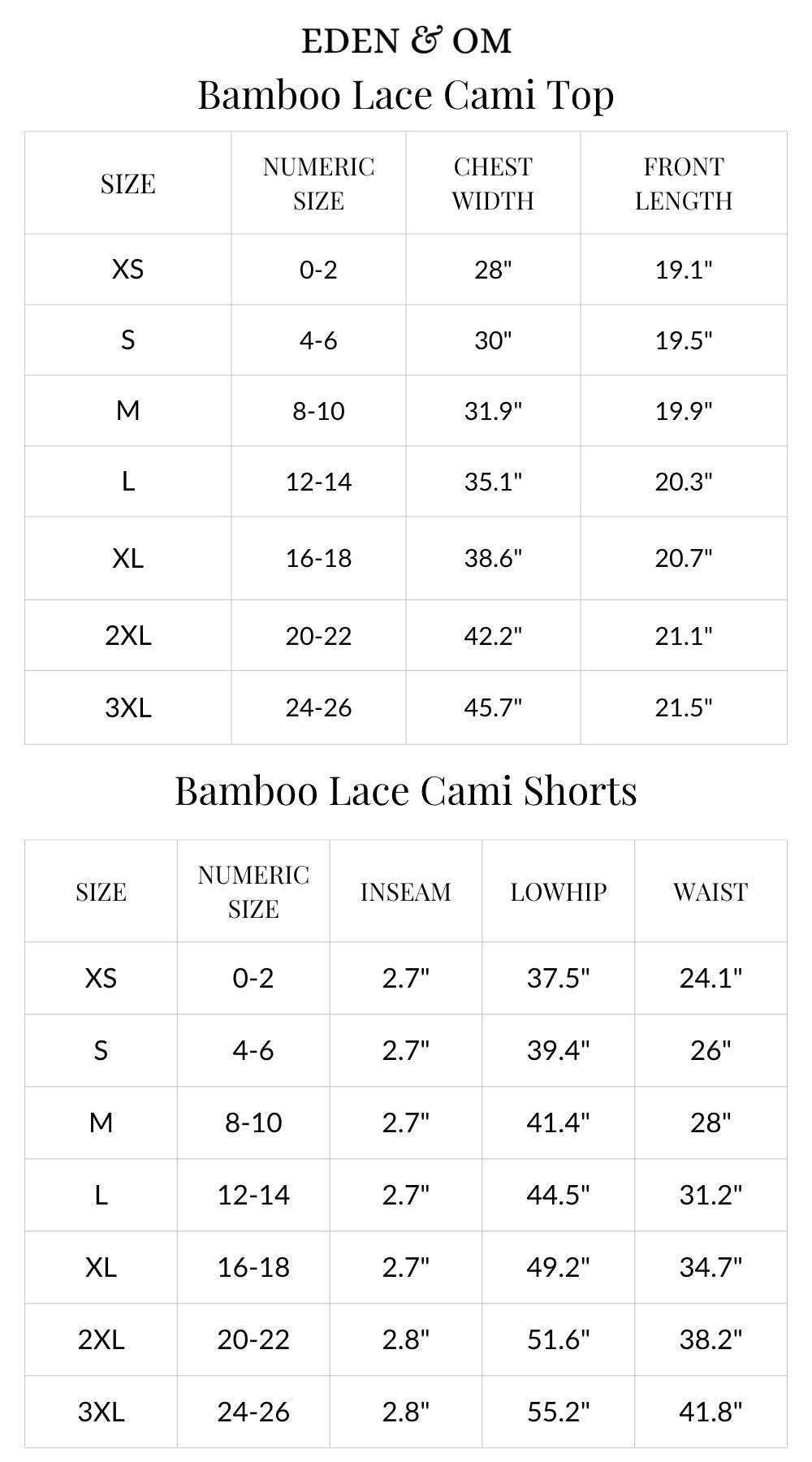 Size chart for Bamboo Lace Cami & Shorts Set