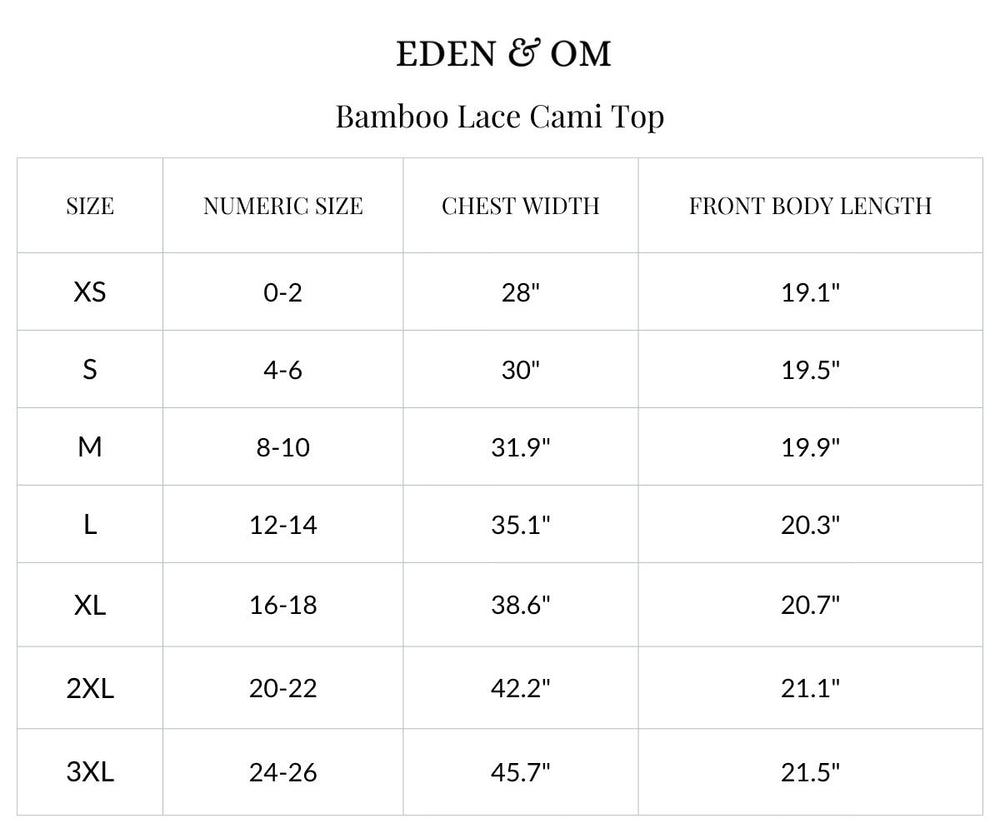 Size chart for Bamboo Lace Cami Top