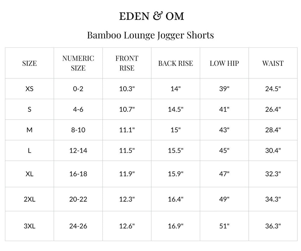 Size chart for Bamboo Lounge Jogger Shorts