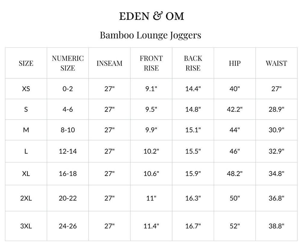 Size chart for Bamboo Lounge Jogger Pants