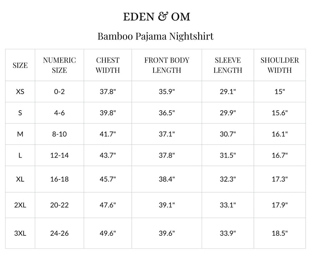 Size chart for Bamboo Pajama Nightshirt