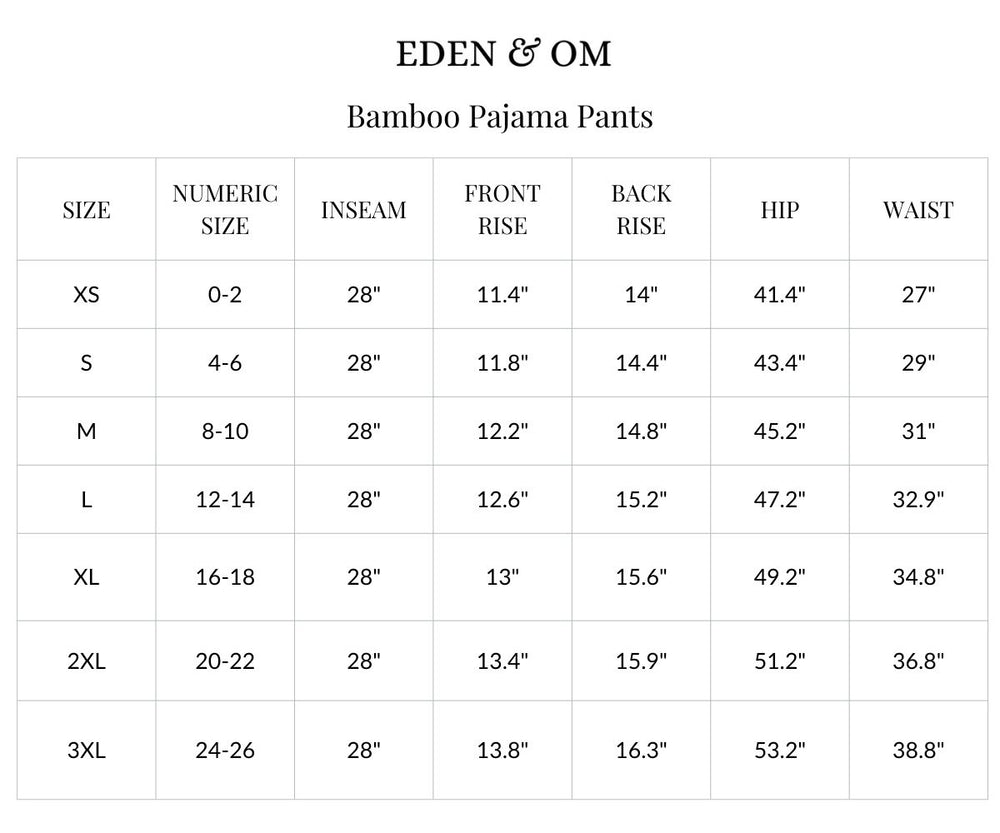 Size chart for Bamboo Pajama Pants