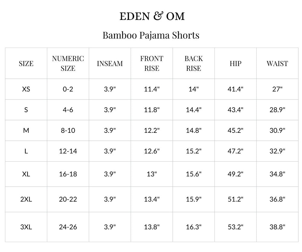 Size chart for Bamboo Pajama Shorts