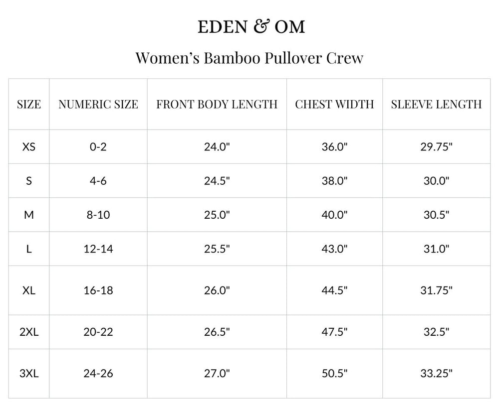 Size chart for Bamboo Pullover Crew
