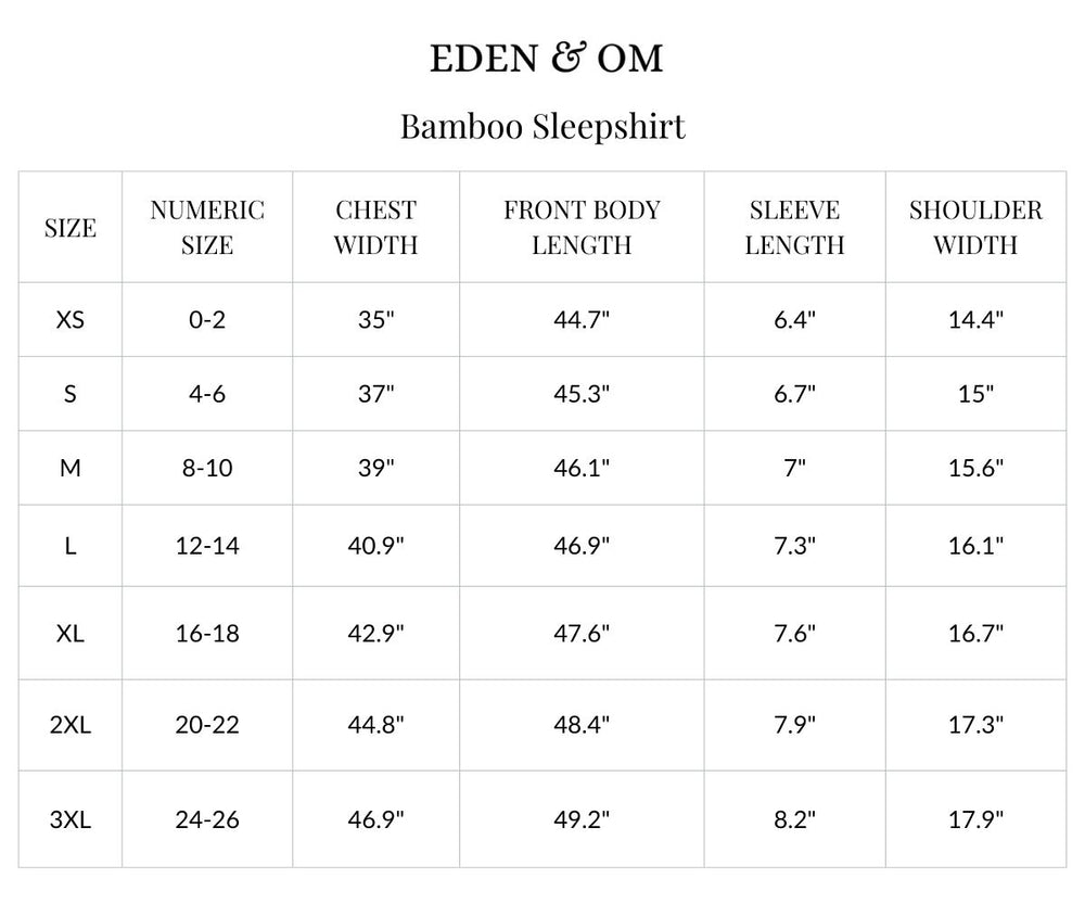 Size chart for Short Sleeve Long Bamboo Sleepshirt
