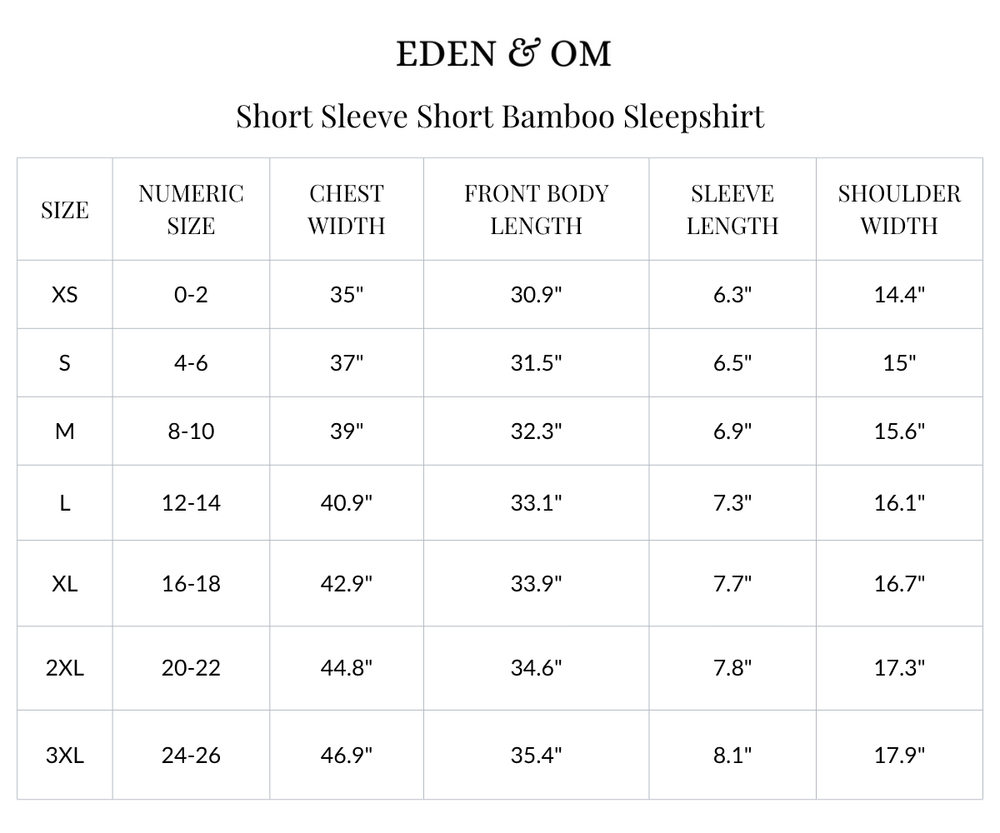 Size chart for Short Sleeve Short Bamboo Sleepshirt