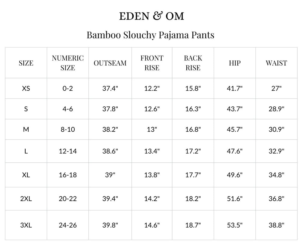 Size chart for Bamboo Slouchy PJs Bottom
