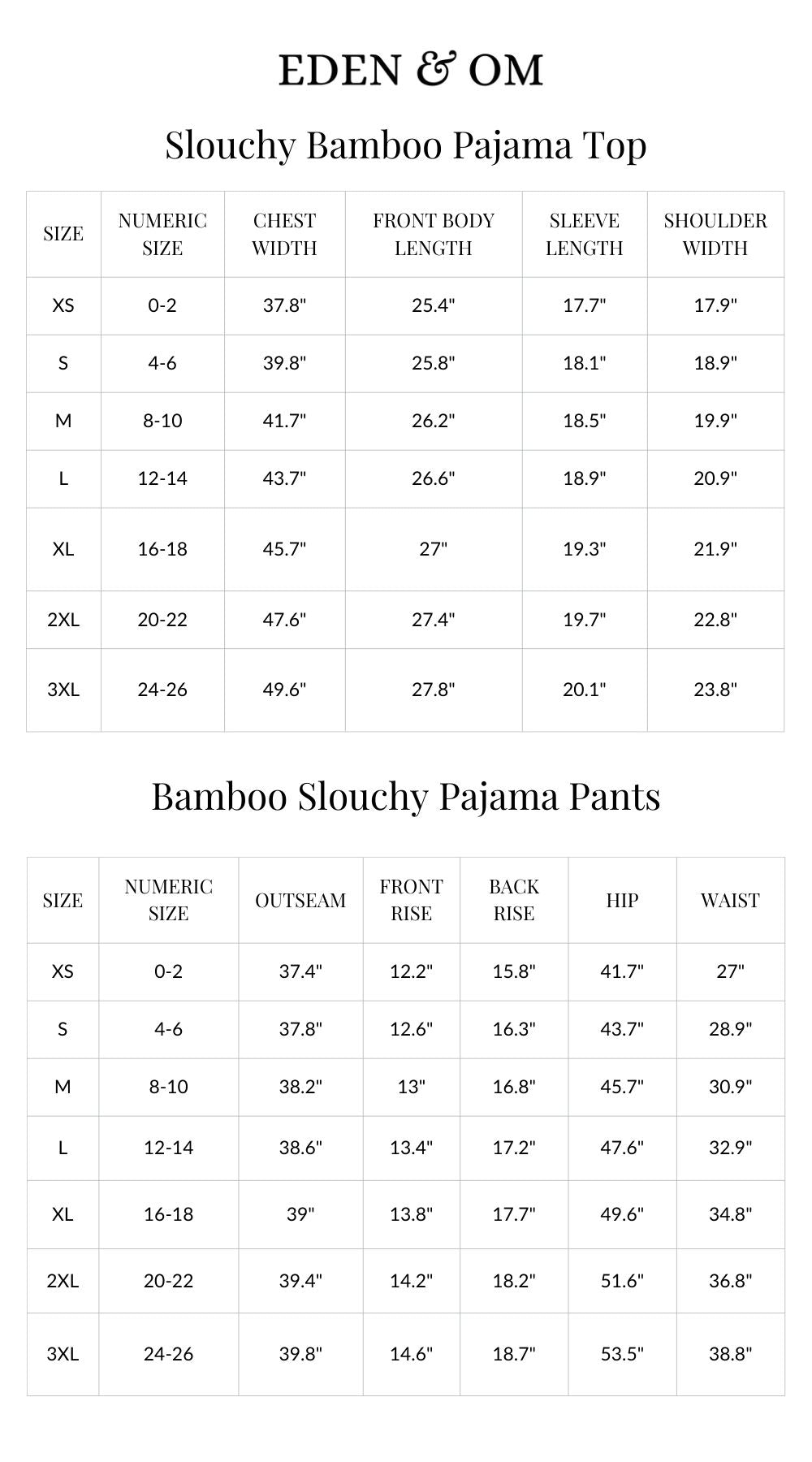 Size chart for Long Sleeve Bamboo Slouchy PJs Set