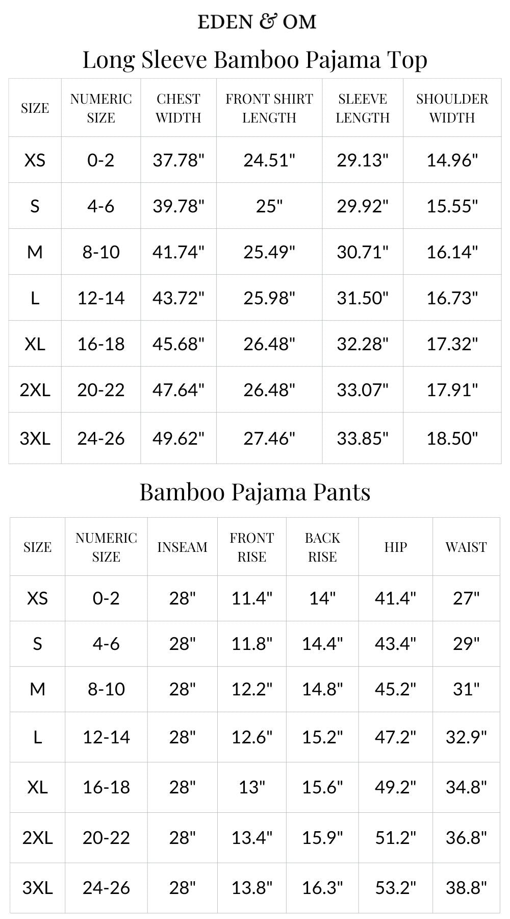 Size chart for Long Sleeve Bamboo Pajama Set