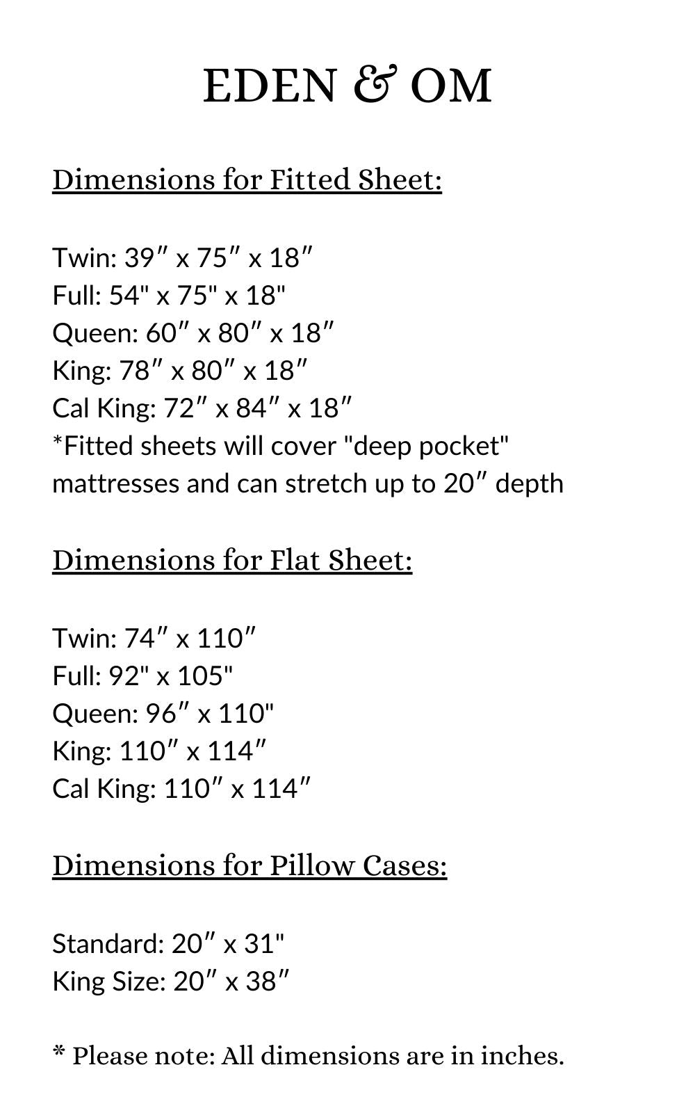 Size chart for Bamboo Sheet Set