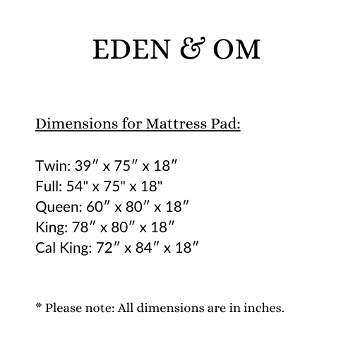 Size chart for Bamboo Mattress Pad