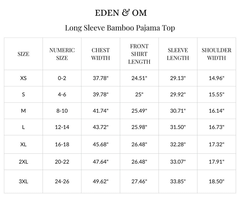 Size chart for Long Sleeve Bamboo Pajama Shirt