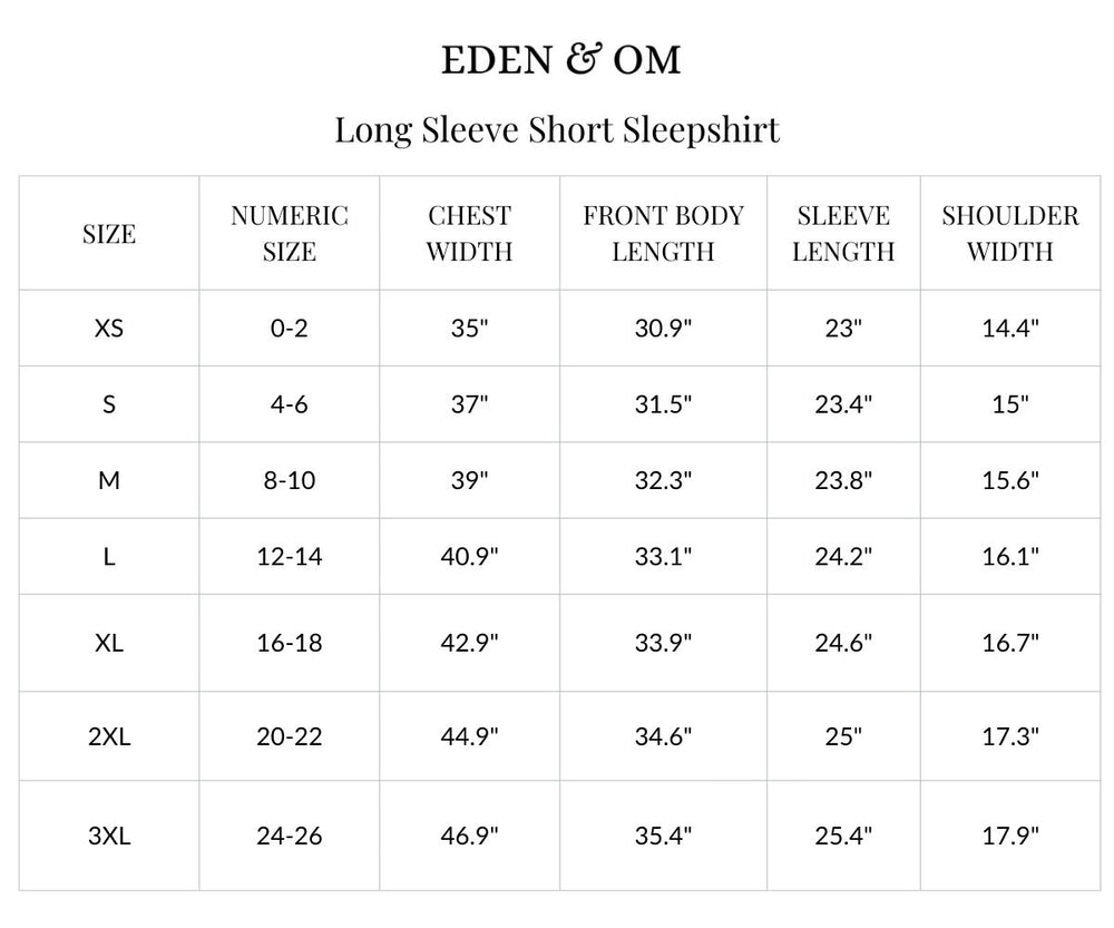 Size chart for Long Sleeve Short Bamboo Sleepshirt