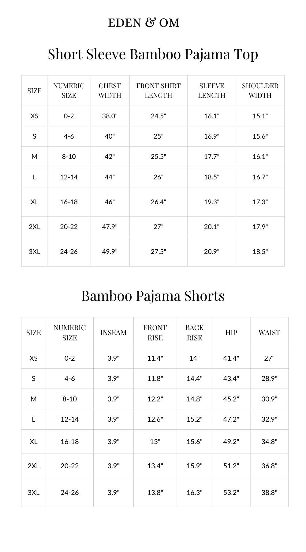 Size chart for Short Sleeve Bamboo Pajama Set