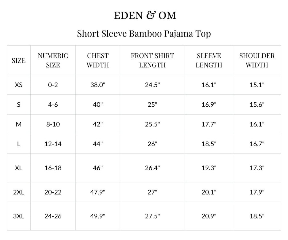 Size chart for Short Sleeve Bamboo Pajama Shirt