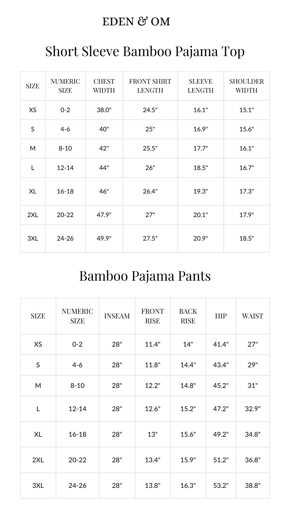 Size chart for Short Sleeve Bamboo Pajama Set with Pants