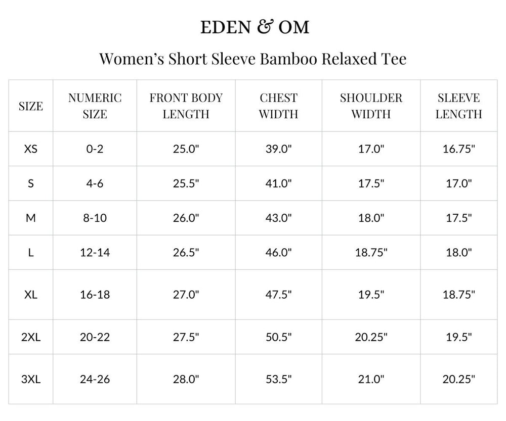 Size chart for Short Sleeve Bamboo Relaxed Tee