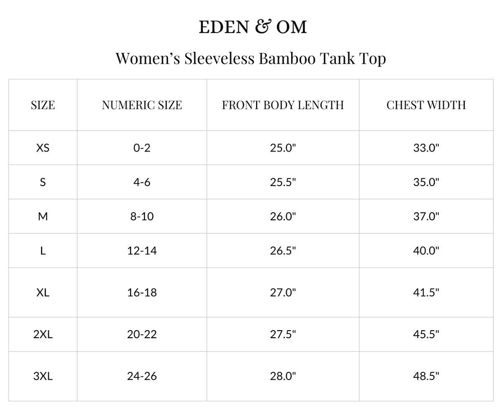Size chart for Sleeveless Bamboo Tank Top