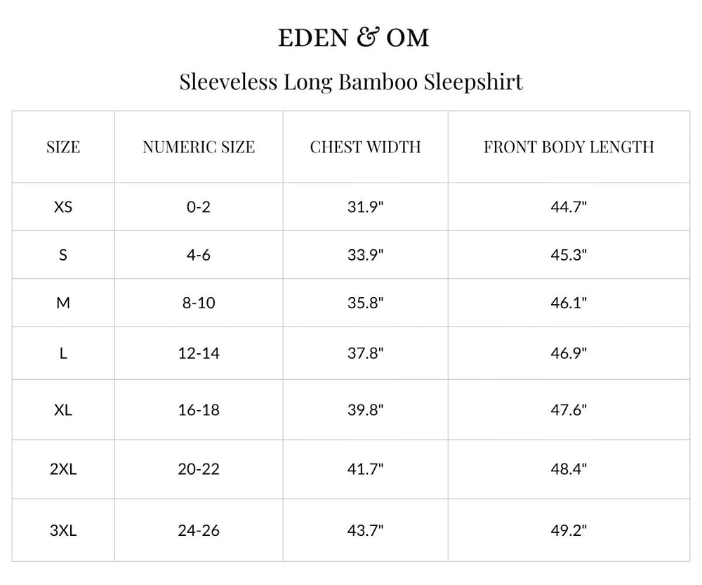 Size chart for Sleeveless Long Bamboo Sleepshirt