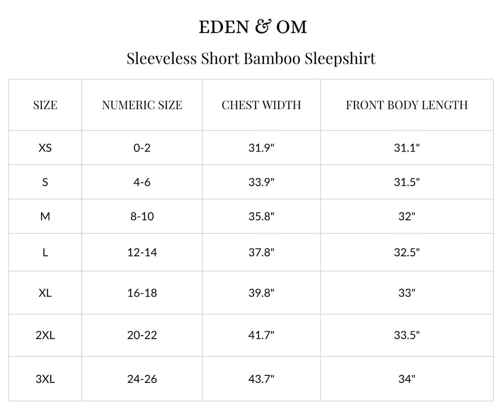Size chart for Sleeveless Short Bamboo Sleepshirt