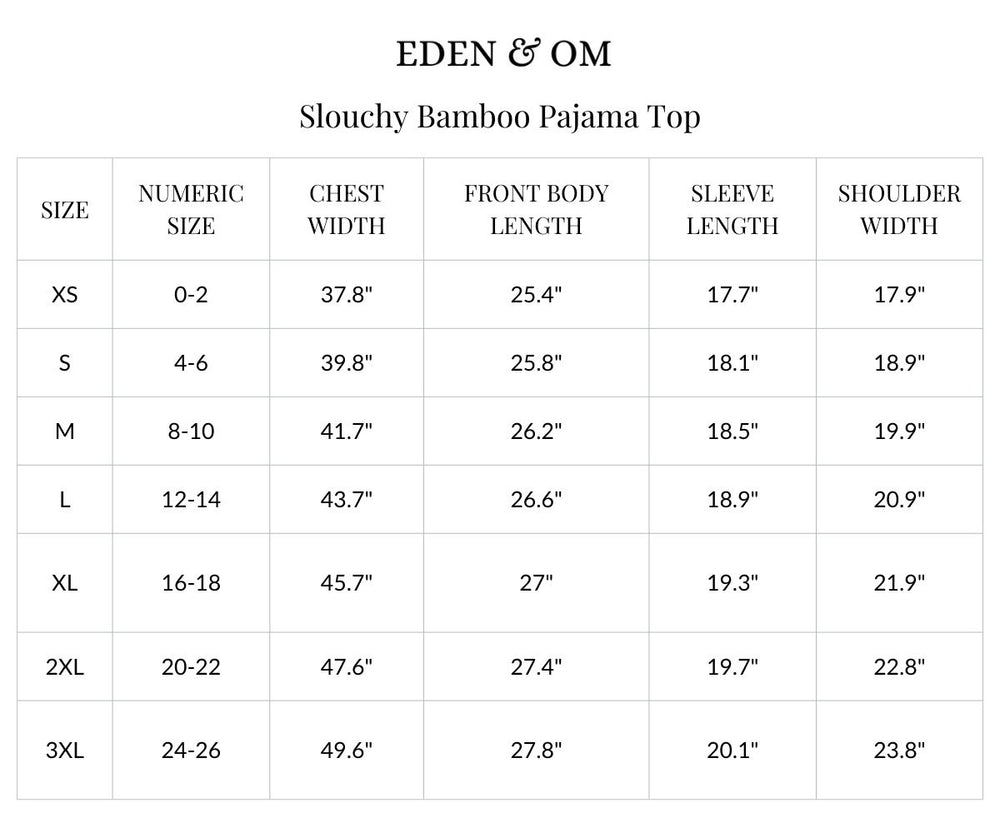 Size chart for Long Sleeve Bamboo Slouchy PJs Top