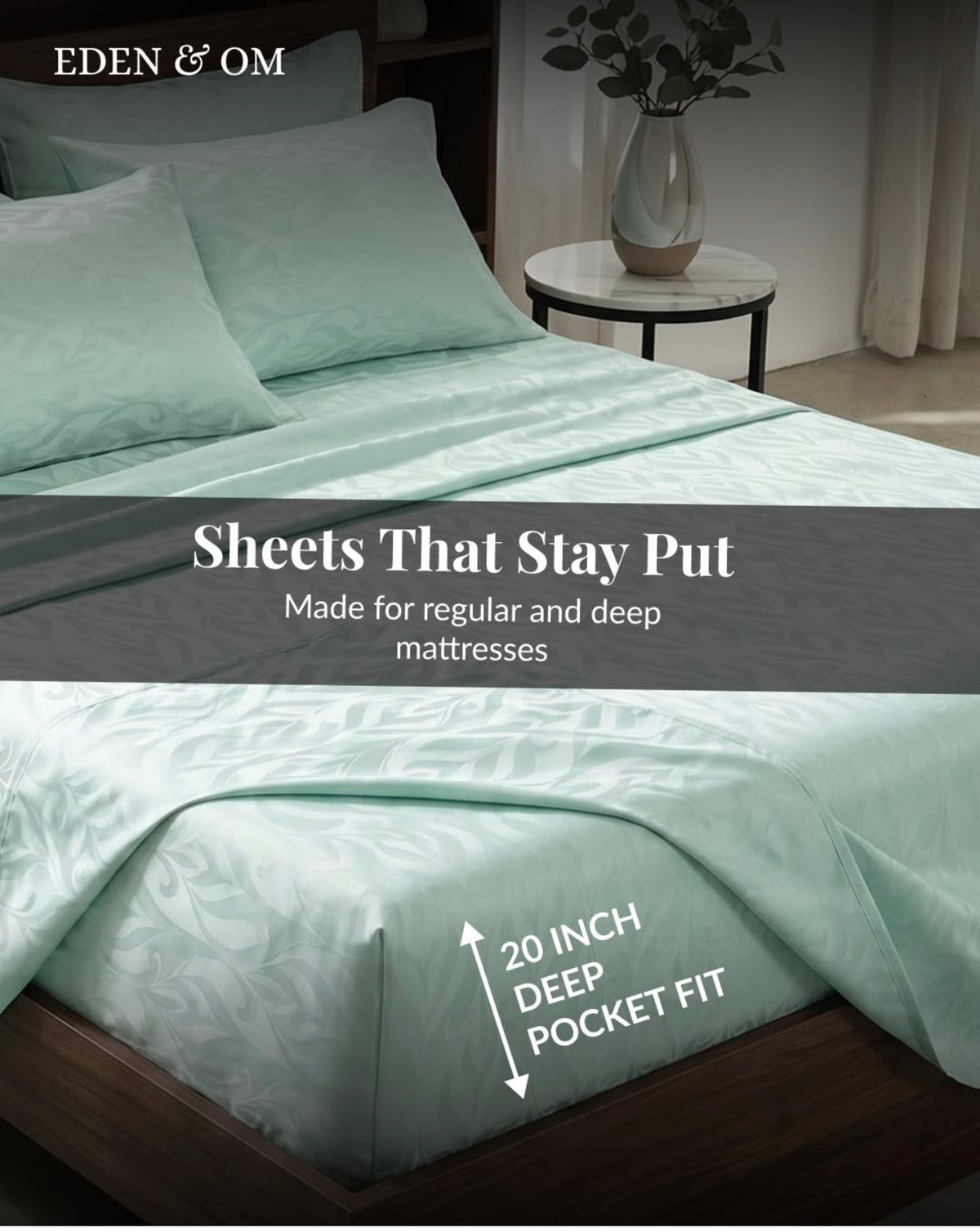 Deep fitted sheet pocket secured around a mattress corner
