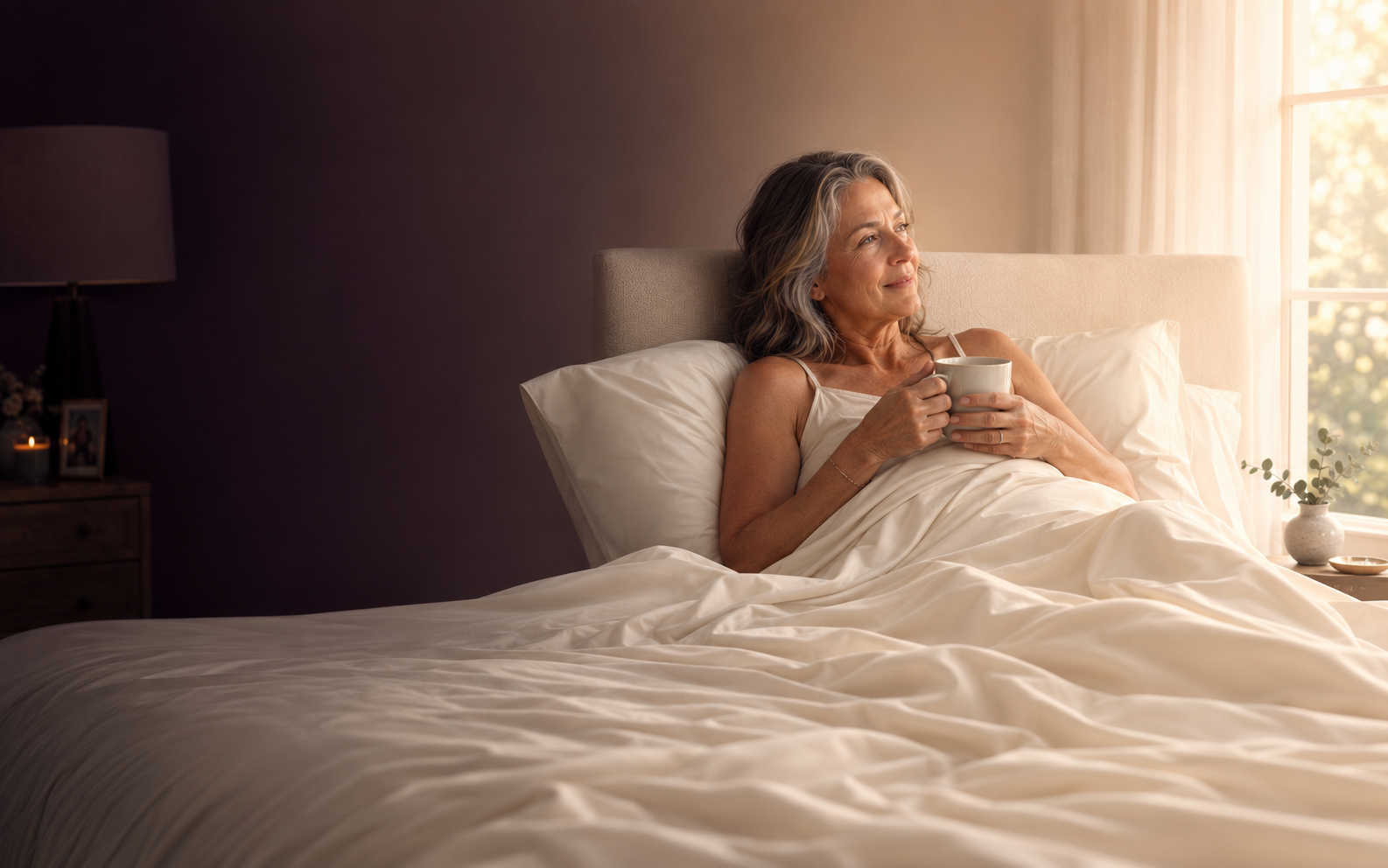 A woman resting comfortably in an ivory bamboo-sheeted bed